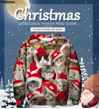 Мъжки женски грозни коледни пуловери, пуловери, свитшоты в навечерието на Коледа и Нова година, скок за празнични партита с 3D коледа принтом котка, върхове 2