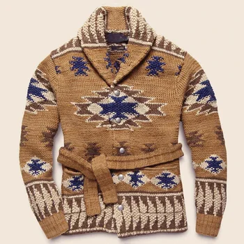 Мъжки пуловер Жилетка с винтажным геометричен модел, Възли жилетки с колан, Модерен случайни жаккардовый пуловер, Зимни, Есенни мъжки блузи 2