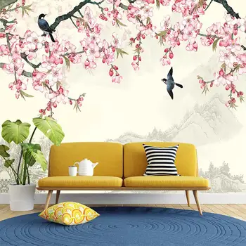 Новият китайски стил, внимателен цвете, птица, слива, мастило, 3D хол, спалня, потребителски самозалепващи се тапети, стенопис 2