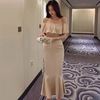 Пролетни Корейски дамски дълги рокли с волани 2024 година, секси рокля на Русалка с деколте лодка, прости рокли за офис партита отдолу 2