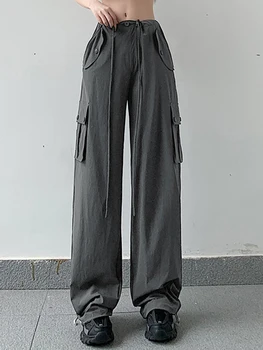 Пролетно-летни Дамски панталони-карго в Корейски стил, с висока талия и завязками, прави панталони, всекидневни Широки панталони Широките панталони, Новост 2