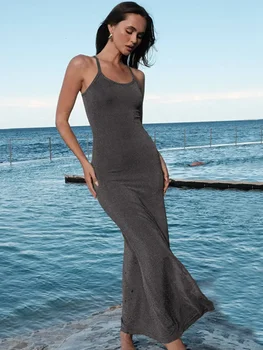Ярка коприна Макси рокля с отворен гръб за жени Сив цвят с тънки бретелях без ръкави, дебнещ ежедневна дълга рокля с риба опашка, елегантна 2
