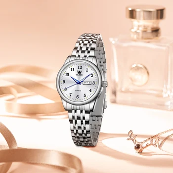 OLEVS Луксозни кварцови часовници за жени Елегантни часовници е от неръждаема стомана Светлинен водоустойчив ръчен часовник с дата на седмица Дамски часовници за рокли 3