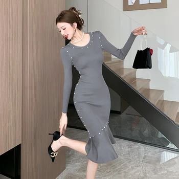 Ofallsis Модерен стил, Вечерна рокля-пуловер с мъниста, есен-зима 2024, Нови плетени рокли със средна дължина, с мирис на формата на рибено опашката 3
