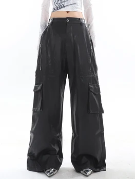 SHENGPALAE Модни Дамски Панталони От Изкуствена Кожа С джобове в стил Мозайка, Обикновена Висококачествени прави Панталони-Карго, Есен 2023, Новост 5R5910 3