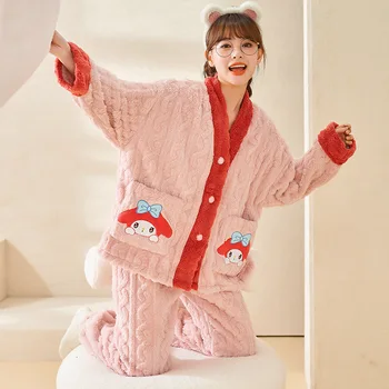 Sanrio My Melody/ дамски плюшен нощница, есен-зима, хубаво момиче, свободни ежедневни пижамные комплекти с анимационни бродерия, халати от коралов руно 3