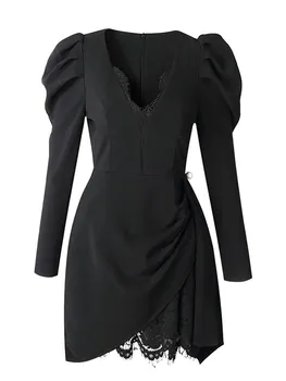 VGH нередовни дантелени рокли в стил мозайка за жени, v-образно деколте, дълъг ръкав, висока талия, туника трапецовидна форма, мини-рокля, дамски пролетно новост 3