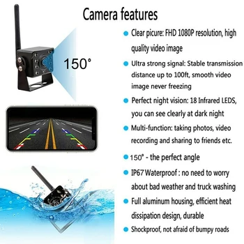 Безжична автомобилна камера за обратно виждане WiFi 12 ~ 24 В Авто led обратната HD нощно виждане Водоустойчив за лек камион, автобус, теглич 3