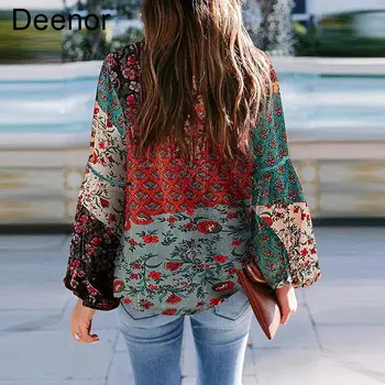Дамска блуза Deenor от шифон с бохемски принтом, риза с дълъг ръкав-на мехура, ежедневни свободна риза, базова риза за почивка 3