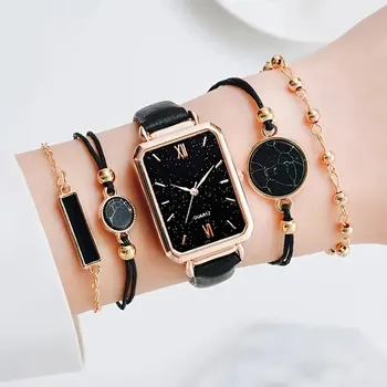 Дамски часовник, комплект от 5 теми, луксозно модно черна рокля е от изкуствена кожа, прости ежедневни дамски кварцов часовник Montre за жени 3