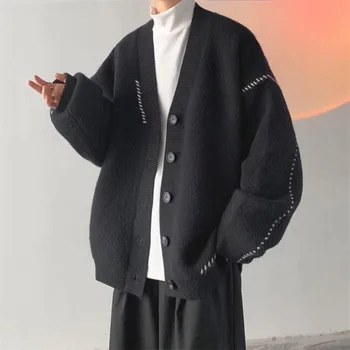 Дебел мъжки пуловер с V-образно деколте в стил хипстер Ретро, свободно палто с припокриване, жилетка за двойки, есен /зима 3