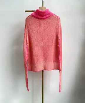 Есенно-зимния вязаный пуловер от смес от мохера за жени, дамски трикотаж с двустранно яка в контрастен цвят 3