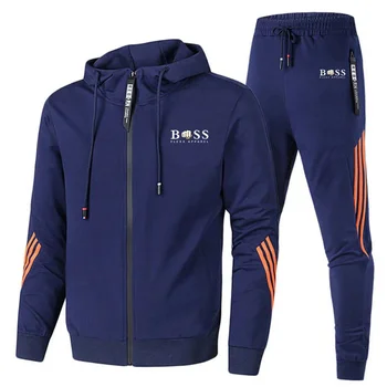 Есента нов модерен спортен брендовый комплект Boss, мъжки hoody с цип + панталони, Всекидневни комплект спортни облекла за фитнес и джогинг 3