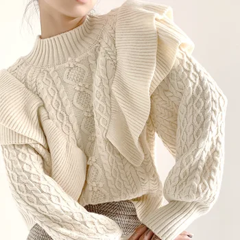 Жена есенно-зимния пуловер с кръгло деколте, ретро вязаный пуловер, дамски пуловери, бежов пуловер с дълъг ръкав, Pull Femme 3