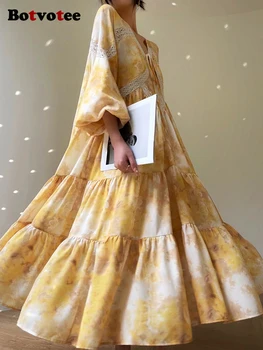 Женствена рокля миди с принтом Botvotee 20223, Есенна новост, винтажное рокля с V-образно деколте и шнур, Елегантни свободни рокли с ръкави-фенерчета 3