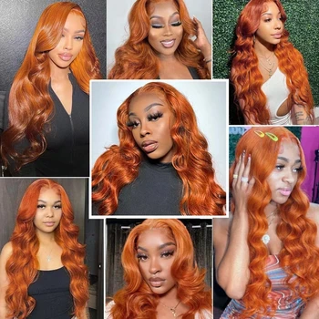 Имбирно-orange обемна вълна, изкуствена коса, перуки отпред на дантели за жени, натурален Черен С косата на бебето, Топлоустойчива влакна, всеки ден перуки 3