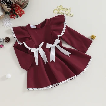 Коледна рокля трапецовидна форма за по-малките момичета с лък, бебешка рокля-опаковка в контрастен цвят с ръкави-мухите и кръгло деколте, рокля-пакет за абитуриентски бал 3