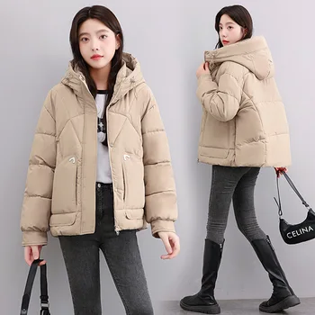 Късо дамско зимно палто с памучна подплата, Корейската версия на свободно плътно топло палто с качулка и памучна подплата за жени 3