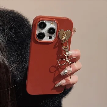 Луксозен корейски висулка с лък Червен прост обикновен калъф за телефон iPhone 15 14 13 12 11 Pro Max устойчив на удари Мека делото Funda 3