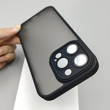 Луксозен прозрачен матиран устойчив на удари силиконов калъф за iPhone 15 14 13 12 Pro Max Plus, защитен капак на обектива на камерата с метален бутон 3