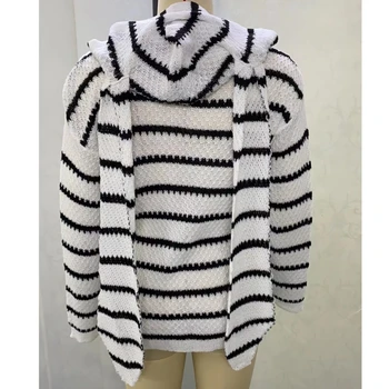 Модерен вязаный пуловер на райета, палто, жилетка с дълъг ръкав и качулка, вязаная на горно облекло свободно cut 3