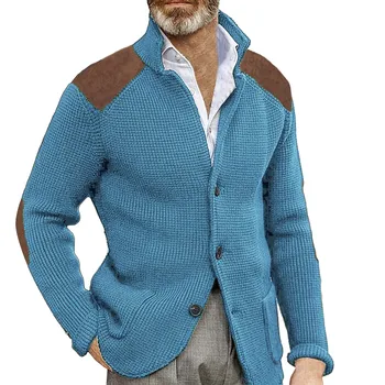 Мъжки Ежедневни маншет копчета, нашивка на рамото, тънък топъл пуловер, яке-жилетка, пуловер, жилетка, тънък ревера, вязаная яке с дълъг ръкав 3