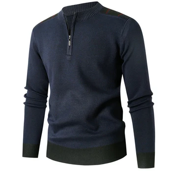 Мъжки ежедневни вязаный пуловер, топъл пуловер, здрав топ в мешковатом стил с цветни блокчета, сив, червен, каки, тъмно син 3