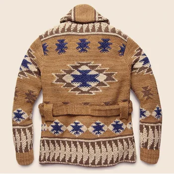 Мъжки пуловер Жилетка с винтажным геометричен модел, Възли жилетки с колан, Модерен случайни жаккардовый пуловер, Зимни, Есенни мъжки блузи 3