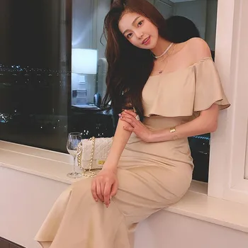 Пролетни Корейски дамски дълги рокли с волани 2024 година, секси рокля на Русалка с деколте лодка, прости рокли за офис партита отдолу 3