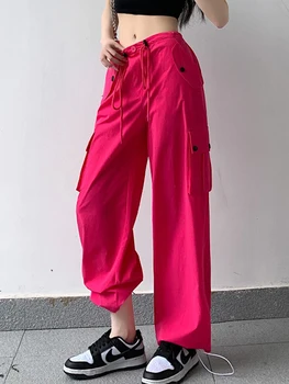 Пролетно-летни Дамски панталони-карго в Корейски стил, с висока талия и завязками, прави панталони, всекидневни Широки панталони Широките панталони, Новост 3