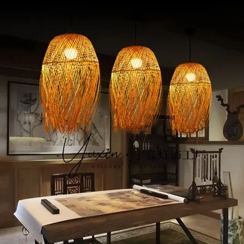 Съвременната Уика Полилей от естествен ратан, Бамбук лампа, Окачена лампа, Трапезария, ресторант, Висящи лампи E27 3