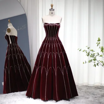 Шарън Каза, Арабско Бордовое бархатное бална рокля, вечерна рокля 2023, Луксозно секси вечерна рокля от Дубай кристал за сватба SS274 3