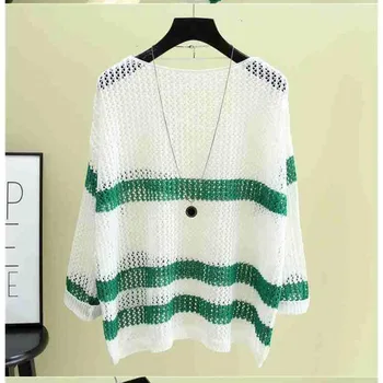 2023 Годишен женски вязаный пуловер на райета, Свободно случайни топ с къс ръкав, Женски скок с изрези 4