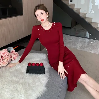Ofallsis Модерен стил, Вечерна рокля-пуловер с мъниста, есен-зима 2024, Нови плетени рокли със средна дължина, с мирис на формата на рибено опашката 4