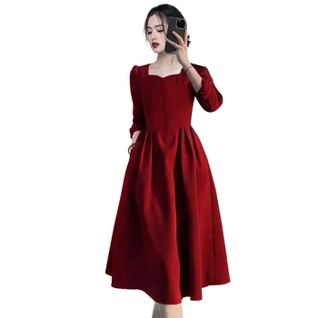 Ofallsis Темпераментное Вино-червена рокля с квадратни деколтета 2023, нови Есенни женски Френски луксозни сватбени и вечерни рокли с дълъг ръкав за тостер 4