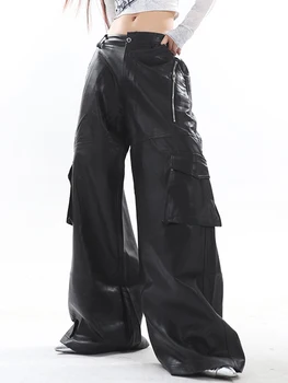 SHENGPALAE Модни Дамски Панталони От Изкуствена Кожа С джобове в стил Мозайка, Обикновена Висококачествени прави Панталони-Карго, Есен 2023, Новост 5R5910 4