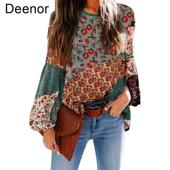 Дамска блуза Deenor от шифон с бохемски принтом, риза с дълъг ръкав-на мехура, ежедневни свободна риза, базова риза за почивка 4