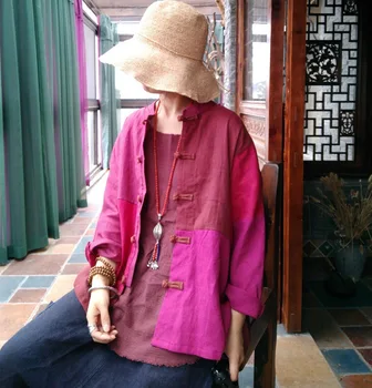 Дамски бельо яке в контрастен цвят в стил мозайка, палта, връхни дрехи, Винтажное женски ленено Свободно палто на 2018 г., есента и пролетта палто 4
