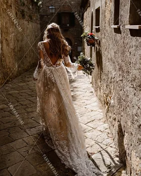 Дантелено сватбена рокля с ръкав-фенерче, уникални богемные сватбени рокли трапецовидна форма, плажен струята, noivas DW285 4