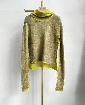Есенно-зимния вязаный пуловер от смес от мохера за жени, дамски трикотаж с двустранно яка в контрастен цвят 4