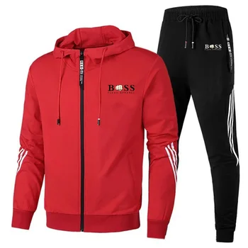 Есента нов модерен спортен брендовый комплект Boss, мъжки hoody с цип + панталони, Всекидневни комплект спортни облекла за фитнес и джогинг 4