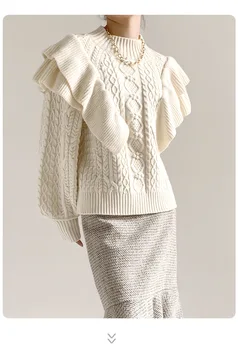 Жена есенно-зимния пуловер с кръгло деколте, ретро вязаный пуловер, дамски пуловери, бежов пуловер с дълъг ръкав, Pull Femme 4