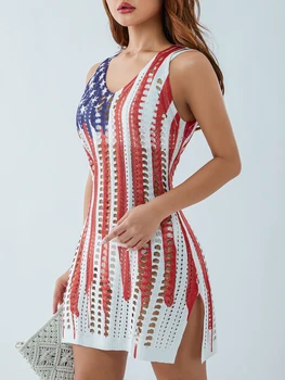 Жена патриотичното рокля за парти на 4 юли без ръкави с принтом на американското и дълбоко прерязано 4