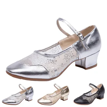 Женски обувки за латино танци на среден ток с вкара в ключалката, обувки за танцуване на една подметка, женски обувки в танкетке с цветен модел 4