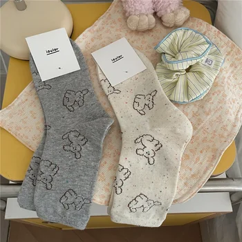 Зима есен Топлите къси чорапи за сън с принтом Kawai, женски забавни сладки топли чорапи за кучета с бели облаци, високи дълги чорапи 4