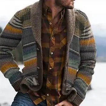 Зимна мъжка вълнена жилетка с качулка, пуловер налита на бой плетени, жилетка с отворена предна част на райе, палта с дълъг ръкав, яке, мъжки дрехи 4