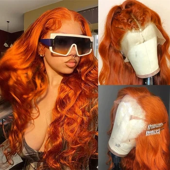 Имбирно-orange обемна вълна, изкуствена коса, перуки отпред на дантели за жени, натурален Черен С косата на бебето, Топлоустойчива влакна, всеки ден перуки 4