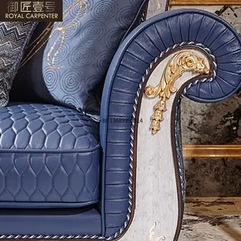 Кожен диван в европейски стил 321 комбинирана всекидневна с резбовани мебели от масивно дърво по поръчка за вашето голямо семейство във френски стил 4