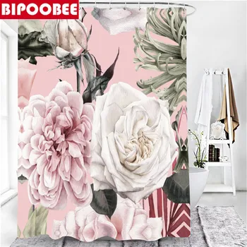 Красива завеса за душ с принтом под формата на розови цветя, пердета за баня в европейски стил и постелки за баня, постелки за тоалетна, домашен декор 4