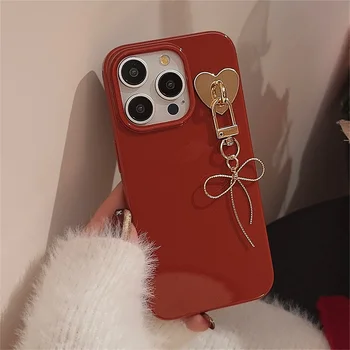 Луксозен корейски висулка с лък Червен прост обикновен калъф за телефон iPhone 15 14 13 12 11 Pro Max устойчив на удари Мека делото Funda 4